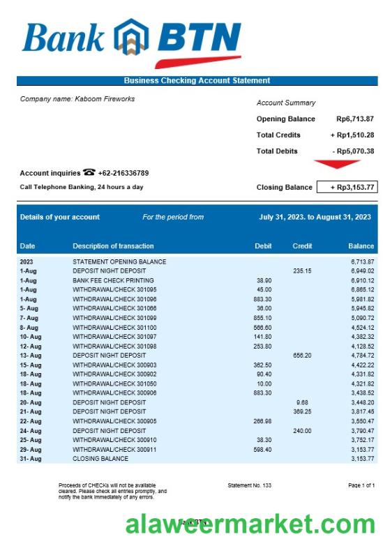 Bank BTN company account statement Word and PDF template